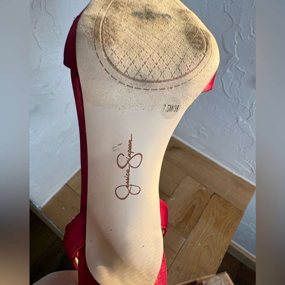 Jessica Simpson Red Satin Rhinestone-Embellished Ankle-Strap Stiletto 7.5 - Picture 9 of 10